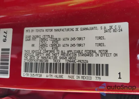 2024 Toyota Tacoma Sr5 2Wd z USA, uszkodzony, nr VIN 3TYKB5FN1RT002308